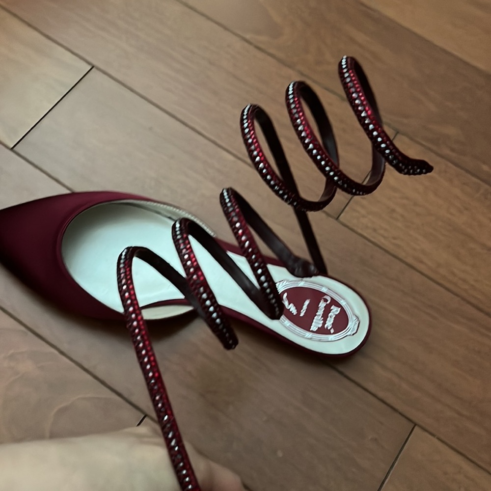 Rene Caovilla Wine Burgundy Pointed Toe Spiral-Ankle Flat Mules - Picture 6 of 7